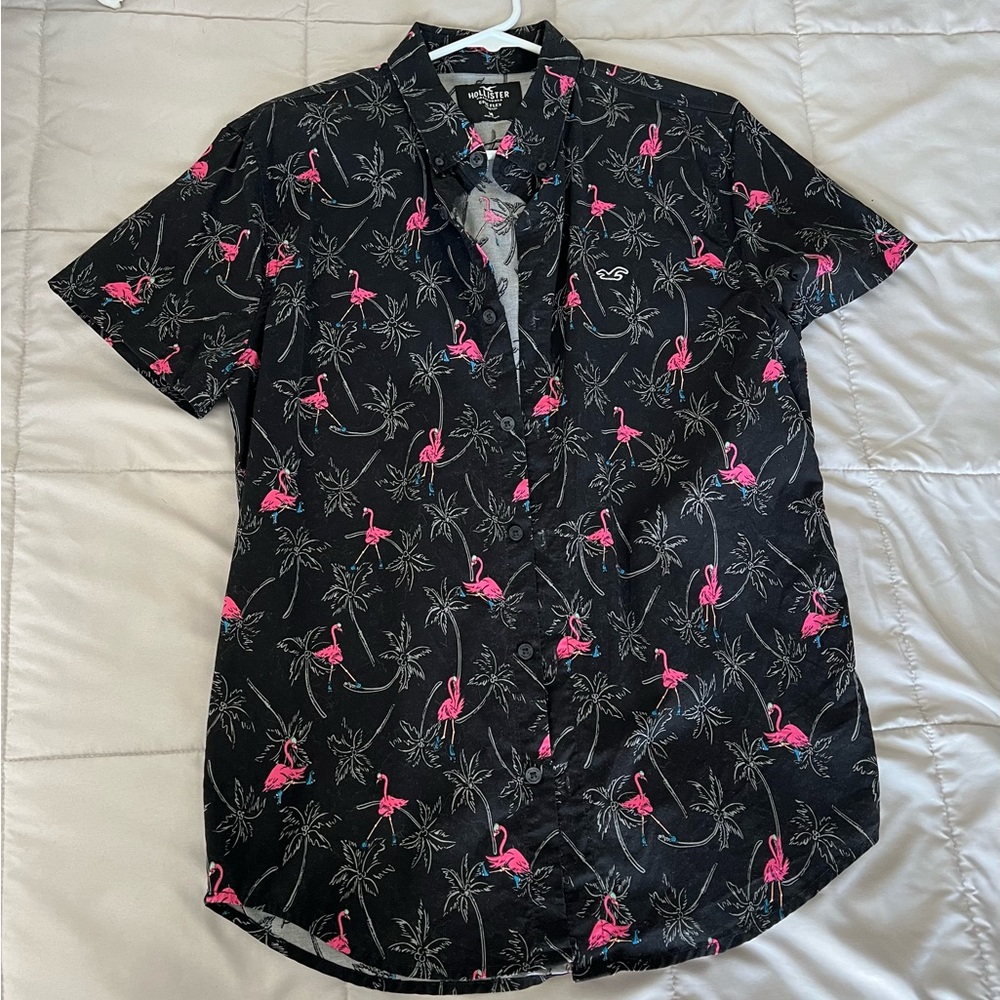 Hollister Black Shirt with Pink Flamingo Design